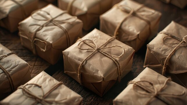 Rustic brown paper packages neatly tied with string, arranged on a wooden surface, creating a vintage and nostalgic feel.