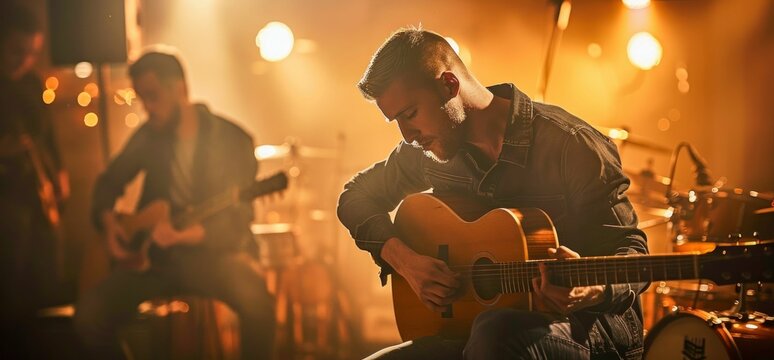 Live Acoustic Guitar Performance in Warm Lighting. Generative ai