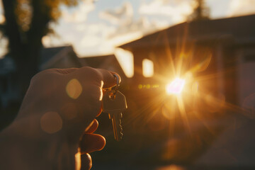 Holding Keys at Sunset in Front of a New Home, Symbolizing Ownership and New Beginnings