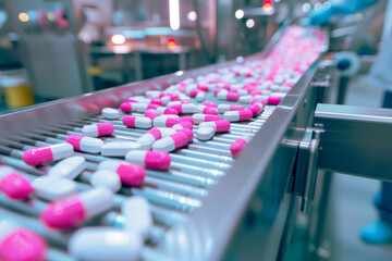 Pharmaceutical Manufacturing Process Pink and White Capsules on Production Line