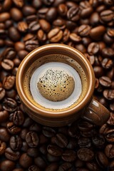  Espresso coffee mug over roasted coffee beans background