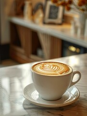 Gourmet commercial, A latte with latte art, light brown marble tabletop, with hanging pictures as background