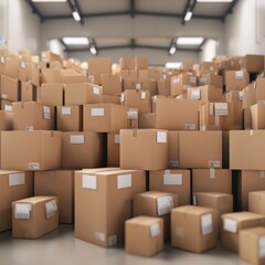 Large warehouse space filled with numerous cardboard boxes. Ideal for logistics, storage, and distribution concepts. Brightly lit and spacious