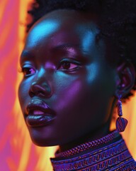 Beautiful african american woman with afro hairstyle and neon make up