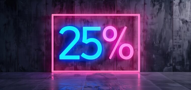 Neon sign displaying a 25% discount. Bright blue and pink lights create a modern and attractive promotional offer in a dark room.
