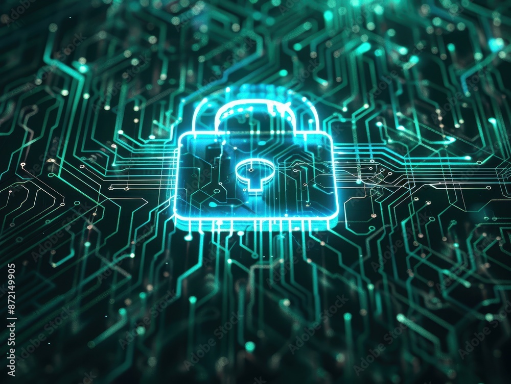 Poster Glowing padlock surrounded by digital circuitry representing cybersecurity and data protection in a virtual environment.