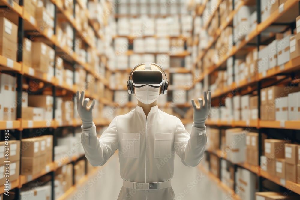 Poster futuristic warehouse management with a person in a protective suit using virtual reality glasses for