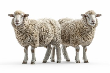 Fototapeta premium Two Fluffy Sheep Standing Together on a White Background, Perfect for Agricultural and Farm-Themed Projects