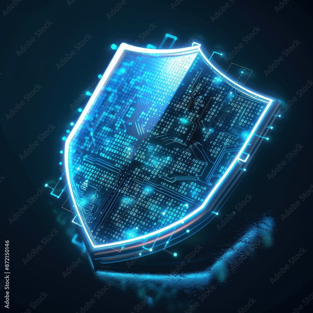 Poster futuristic digital shield symbolizing cybersecurity, data protection, and online privacy with a high