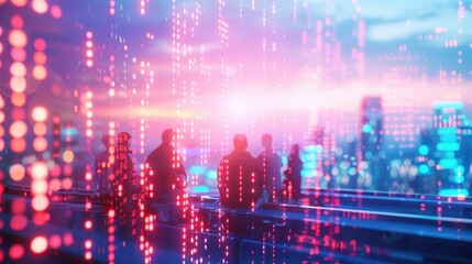 Futuristic cityscape with digital elements and silhouettes of people, showcasing technology and innovation in a modern urban environment.