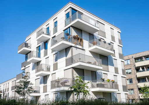 Modern multi-family apartment building seen in Berlin, Germany