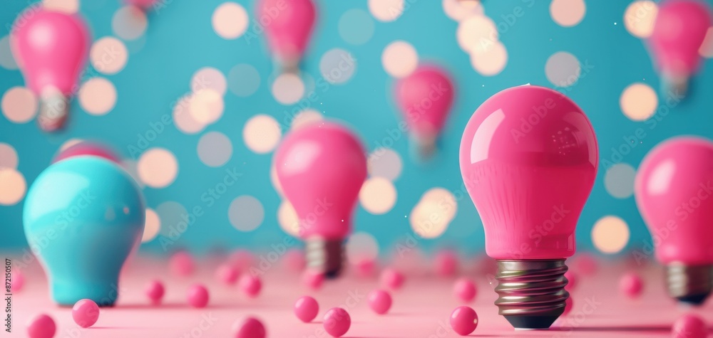 Poster pink and blue light bulbs on a colorful background with bokeh effects, representing creativity and i