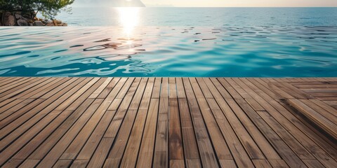 Fototapeta premium Empty wooden deck with swimming pool