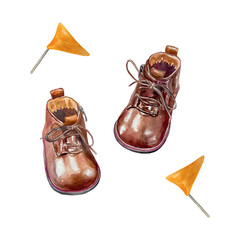 Baby shoes, flags, watercolor. Brown boots and orange triangles. Hand drawn vector illustration. For baby shower cards, invitations, labels, large banners, posters.