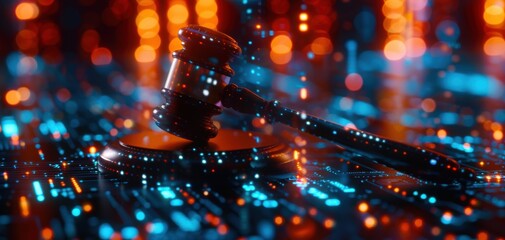 A judge's gavel surrounded by futuristic, neon-lit digital data, symbolizing the intersection of law and technology.