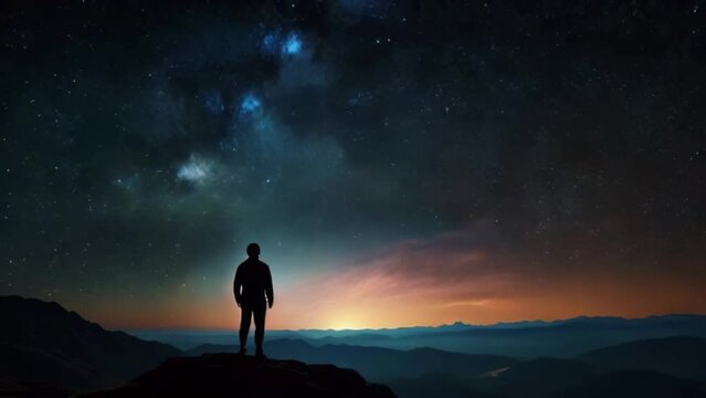 Silhouette of a man looking at the beauty of universe, stars, galaxy, milky way. Zoom in. Infinite universe. Edge of the world, 4K Ultra HD resolution High-Quality animation video
