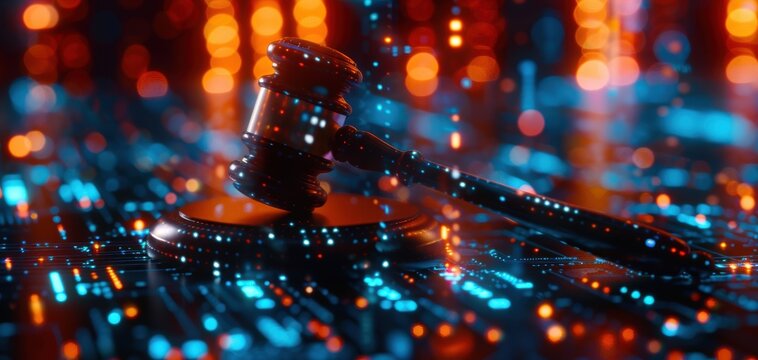 A judge's gavel surrounded by futuristic, neon-lit digital data, symbolizing the intersection of law and technology.