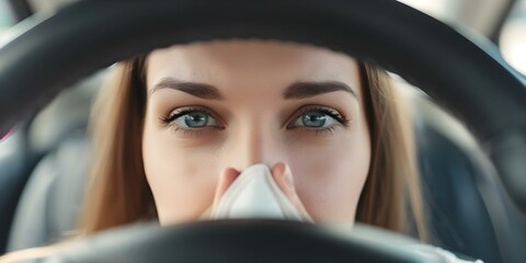 Woman in car holds nose due to bad smell. Concept Disgust, Bad Odor, Unpleasant Experience