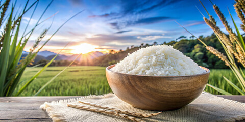 White rice with sunset time background.