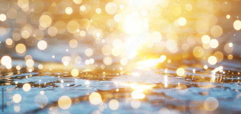 Poster Close-up of water drops and bokeh lights creating a sparkling effect in the sunlight, perfect for abstract and nature-themed designs.