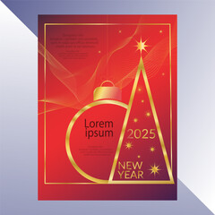 Naklejka premium Merry Christmas and Happy New Year 2025 red gold greeting card , Modern design typography invite posters, template, Layout. Holidays Golden Christmas tree and ball design banner