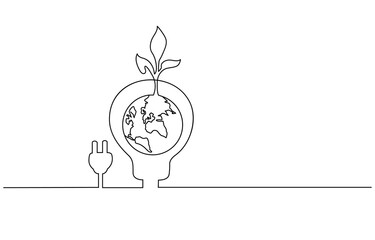 Banner with Plant inside Lightbulb in one line drawing. Creative concept of Green energy and environmental friendly sources. Horizontal Vector illustration, Plant inside Lightbulb in one line drawing.