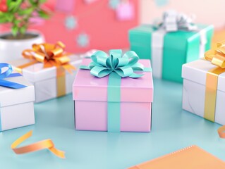 Obraz premium Colorful gift boxes beautifully wrapped with ribbons, perfect for celebrations, birthdays, holidays, and special occasions. Vibrant and festive display.