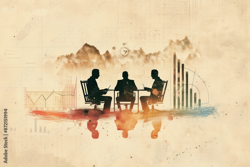 Poster Abstract illustration of business meeting with charts and graphs background. Teamwork and collaboration in business strategy planning.