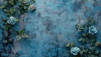 Fototapeta premium Dark blue roses and green leaves on a textured blue background, greeting cards or invitations border floral