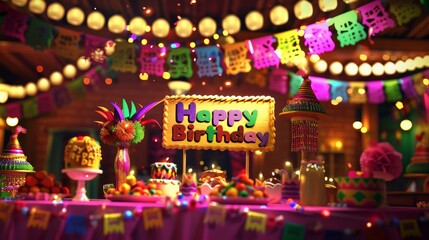 Vibrant Fiesta Birthday Celebration with Festive Lights, Decorations, and Colorful Pi&ntilde;atas - Perfect for Party Invitations