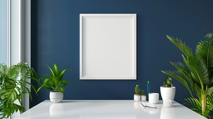 Bright modern office with a clean white desk, vibrant green plants, and a blank white frame on a deep blue wall in a widescreen layout.