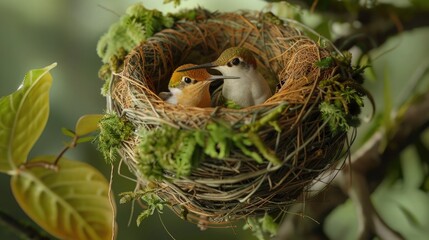 A hummingbird nest perched delicately on a branch, containing two tiny baby hummingbirds snuggled closely together. The nest is woven with moss and plant fibers, blending into the surroundings.
