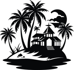 Tropical island and beach house silhouette  black and white