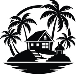 Tropical island and beach house silhouette  black and white