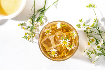 Herbal flower daisy chamomile ice tea, infused aromatic cold drink with daisy camomile wildflower and ice cubes, copy space