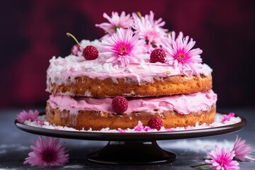 Delicious holiday cake with cream flowers decorations