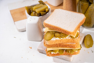 Pickle and Cream dill Cheese Sandwich, toast bread tasty sandwich pickled sandwich with pickles cucumbers, dill, cheese and mayo, ready for eat or grill