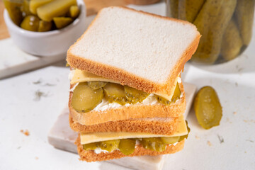Pickle and Cream dill Cheese Sandwich, toast bread tasty sandwich pickled sandwich with pickles cucumbers, dill, cheese and mayo, ready for eat or grill
