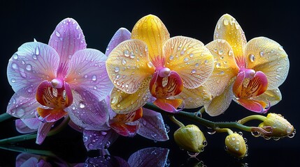   Three purple and yellow orchids with water droplets, on black background, green stems and buds in...