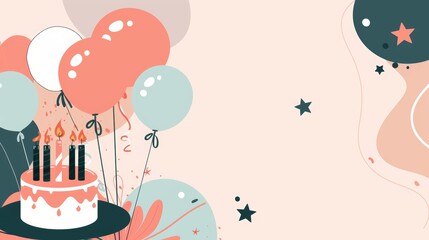 Minimalist Birthday Banner with Balloons, Cake, Candles - Design for Print, Card, Poster
