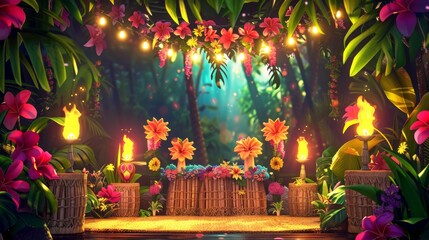 Vibrant Tropical Luau Birthday Background with Hula Dancers, Tiki Torches, and Colorful Floral Decorations
