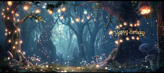 Whimsical Enchanted Forest Birthday Background with Mystical Trees and Twinkling Lights