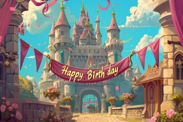 Whimsical Birthday Celebration in Majestic Castle with Grand Banners and Fantasy Decorations