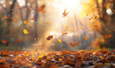 Autumn Whispers: Leaves in Freefall Against a Softly Blurred Natural Tapestry 