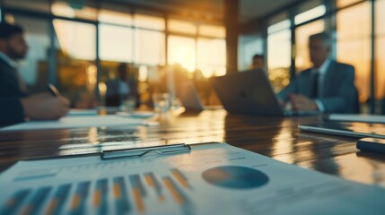 Board of Directors Analyzing New Investment Opportunity in Modern Office at Sunset