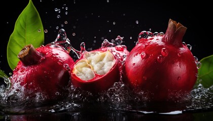 Fresh mangosteen with splashes and water drops on dark background