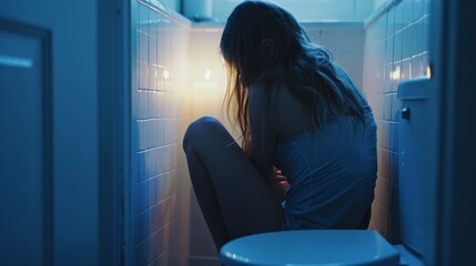 Obraz premium Image of a young woman sitting and locking himself in the bathroom. Feeling sad. World Suicide Prevention Day.