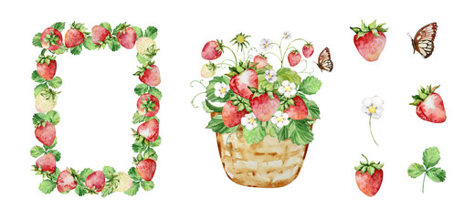 Watercolor straberry set wit wreath, berry and flowers
