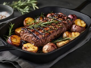 grill pan with grilled meat and vegetables, perfect for indoor grilling and achieving grill marks.