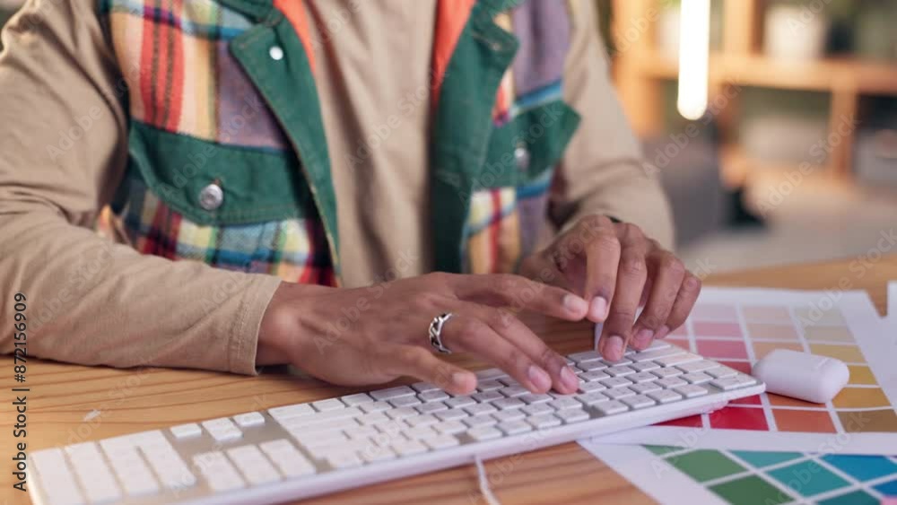Leinwandbilder color swatch, hands and keyboard with graphic designer at desk in office for feedback or planning. a